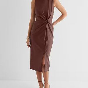 Body Contour Faux Leather Twist Front Midi Sheath Dress